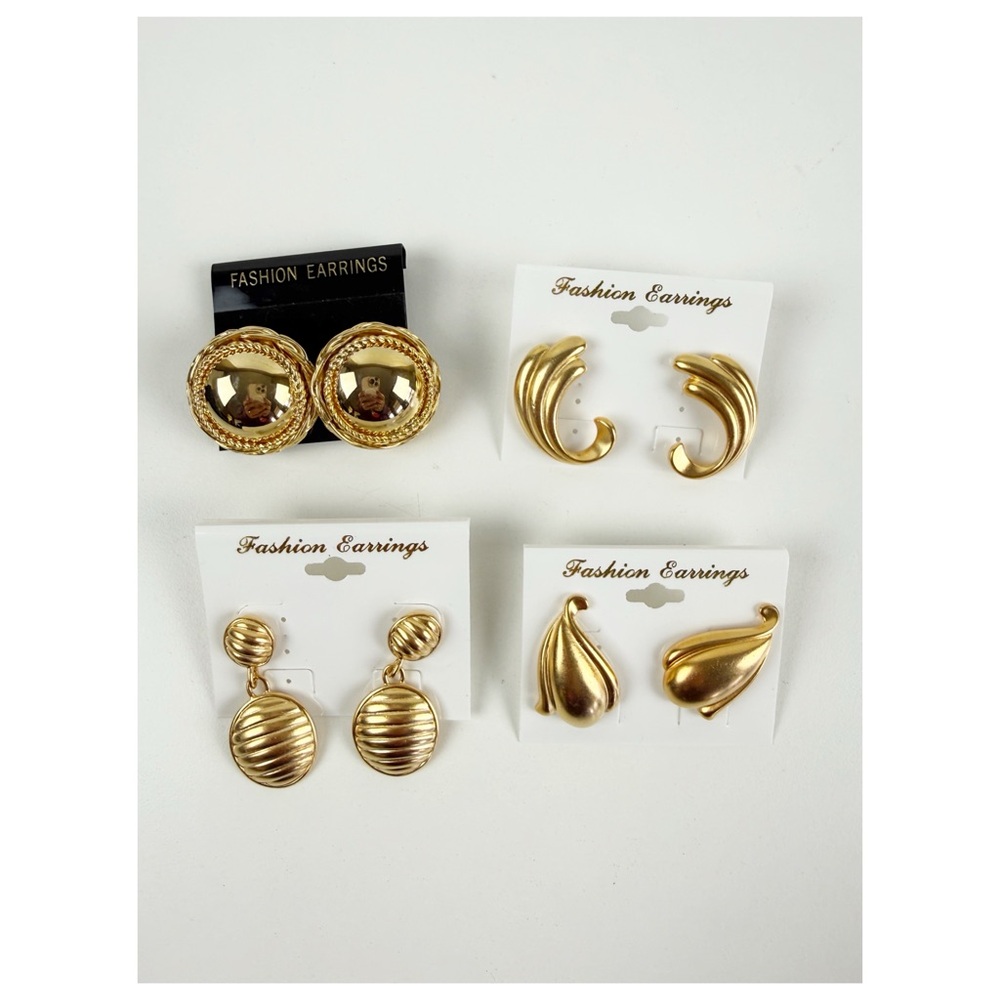 Gold Fashion Earrings Set - 4 Pairs Retro Style Evening Clip Stud